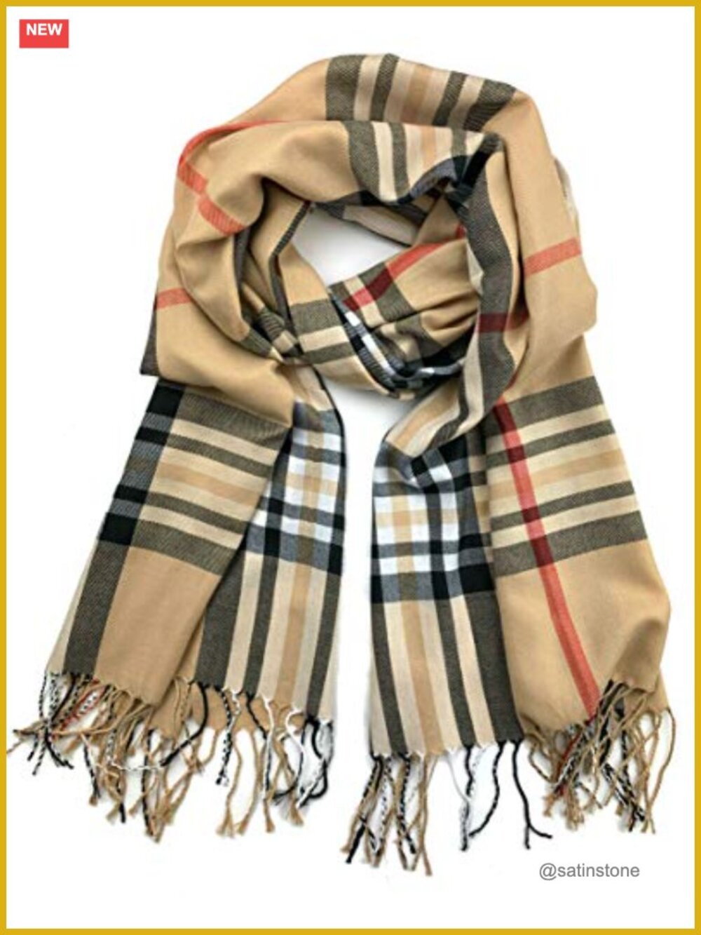 70% Pashmina 30% Silk Plaid Wrap Scarf Fringe 67x28